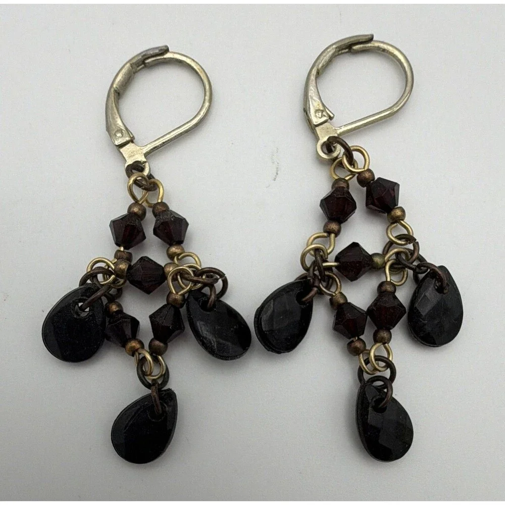 Black Teardrop Glass Beaded Chandelier Dangle Drop Earrings Leverback 2